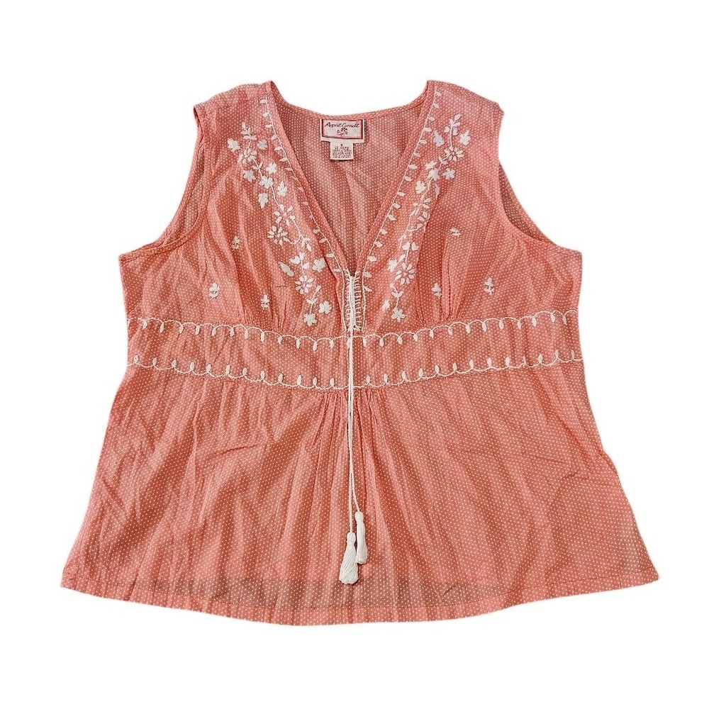 April Cornell Coral Pink Polka Dot Embroidered Tassel Boho Tank Top Small